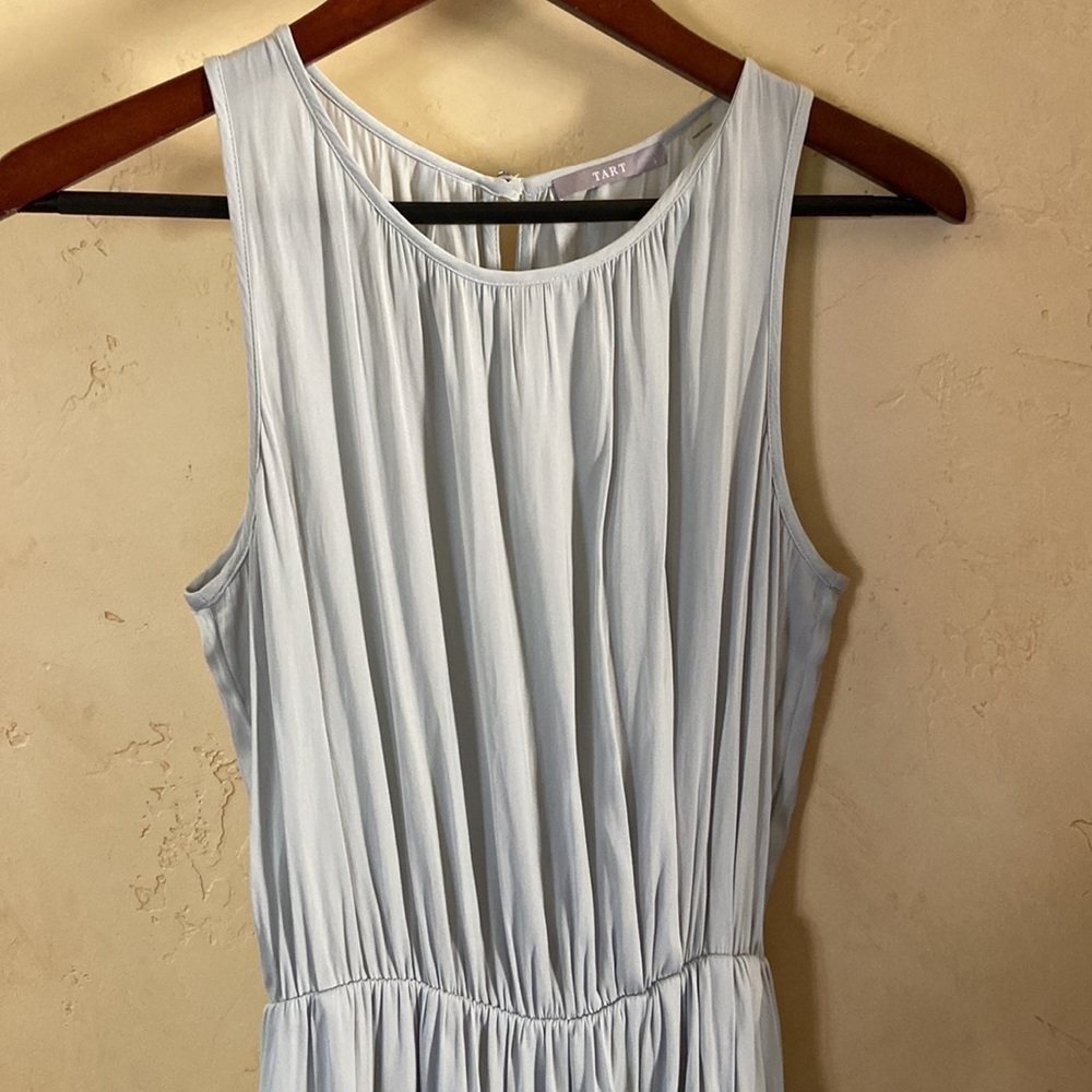 Sz S Tart Barely Blue Silky Pleated Dress w/Draped Front Half Skirt Lining - Picture 3 of 9